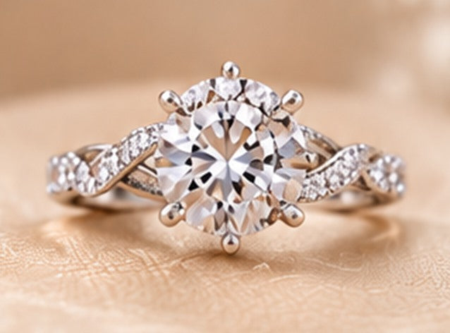 Bague Diamantine, pierre centrale et anneau entrelacé serti
