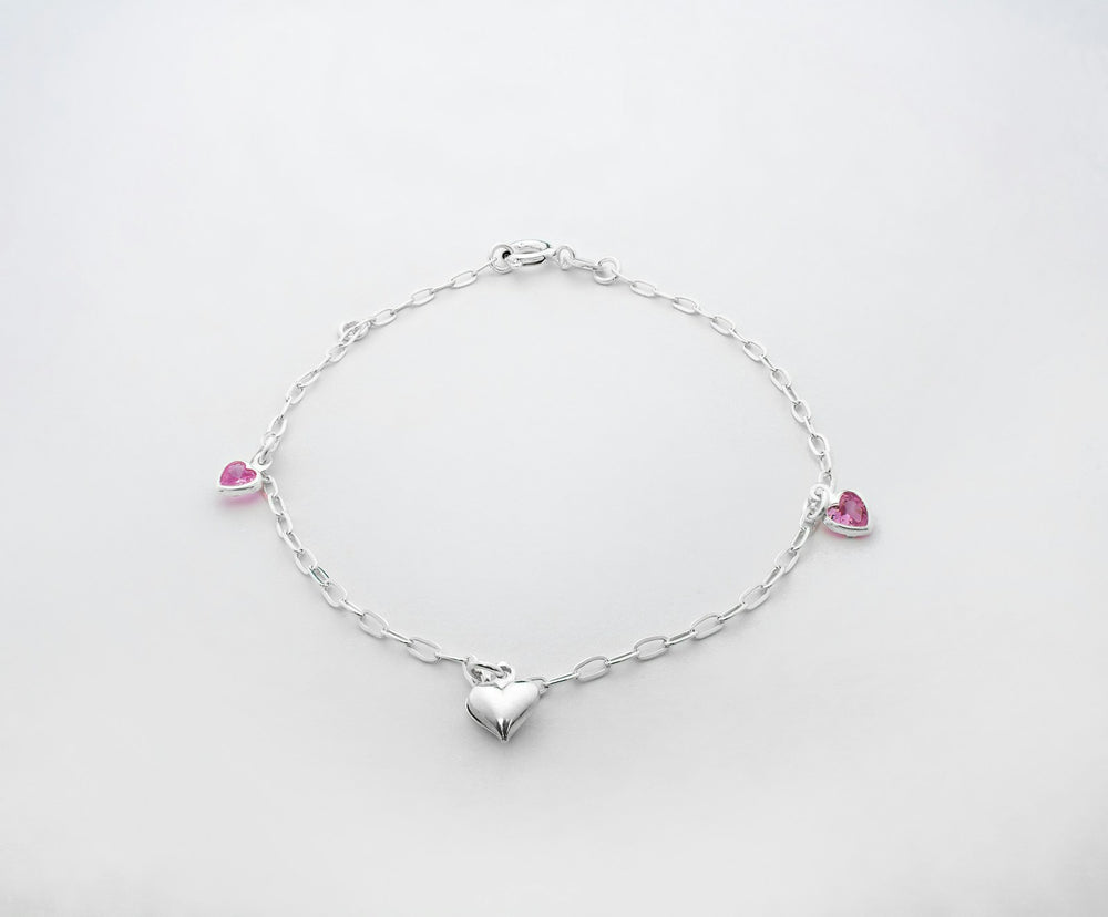 Bracelet argent 925 avec petits cœurs et pierres roses