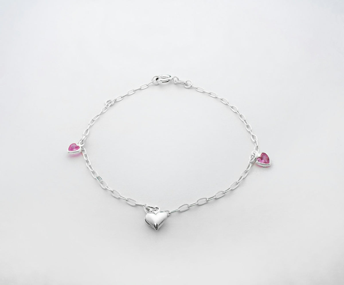 Bracelet argent 925 avec petits cœurs et pierres roses